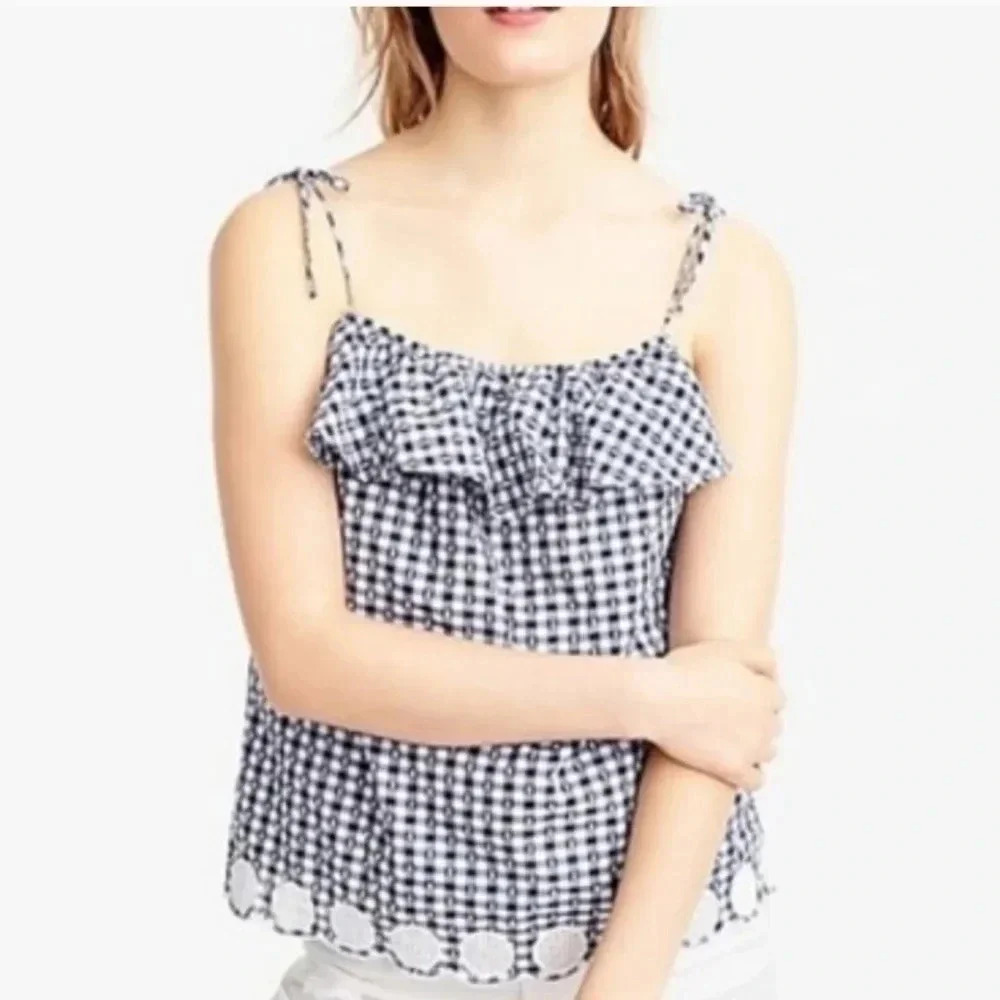 J. Crew gingham plaid navy and white ruffle top with tie spaghetti straps Size 0